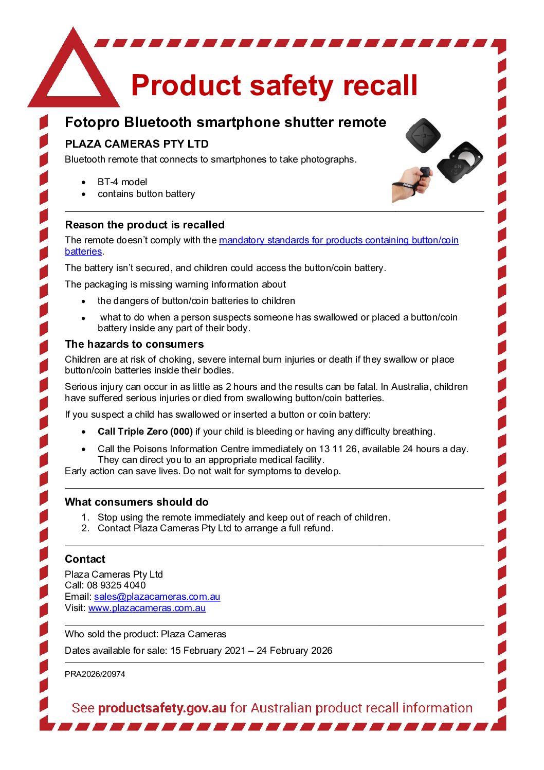 Fotopro Bluetooth Remote for Phones (Product Recall)